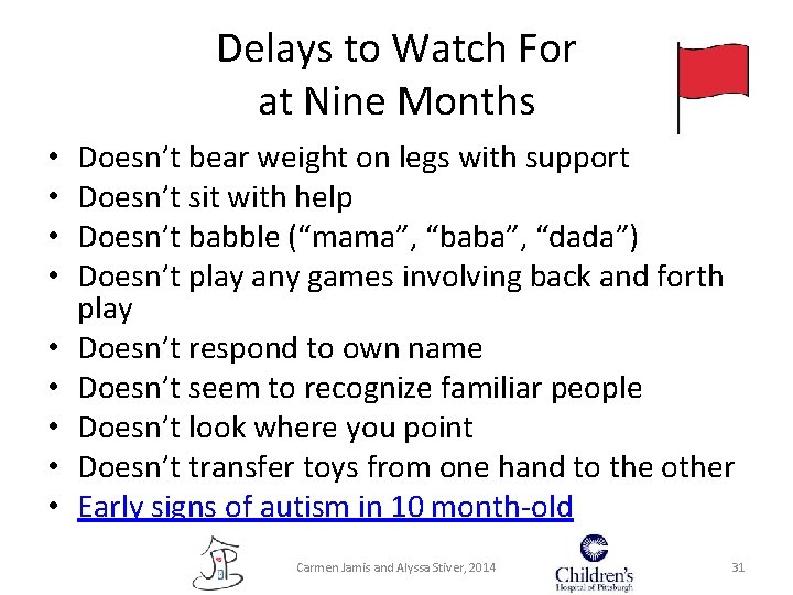 Delays to Watch For at Nine Months • • • Doesn’t bear weight on Delays to Watch For at Nine Months • • • Doesn’t bear weight on