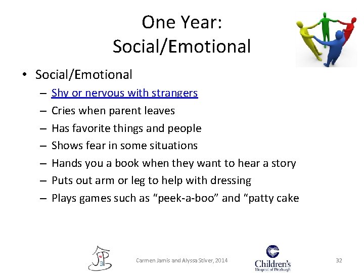 One Year: Social/Emotional • Social/Emotional – – – – Shy or nervous with strangers One Year: Social/Emotional • Social/Emotional – – – – Shy or nervous with strangers