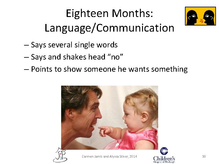 Eighteen Months: Language/Communication – Says several single words – Says and shakes head “no” Eighteen Months: Language/Communication – Says several single words – Says and shakes head “no”