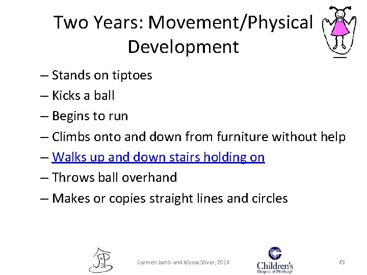 Two Years: Movement/Physical Development – Stands on tiptoes – Kicks a ball – Begins Two Years: Movement/Physical Development – Stands on tiptoes – Kicks a ball – Begins