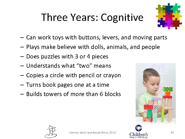 Three Years: Cognitive – – – – Can work toys with buttons, levers, and Three Years: Cognitive – – – – Can work toys with buttons, levers, and