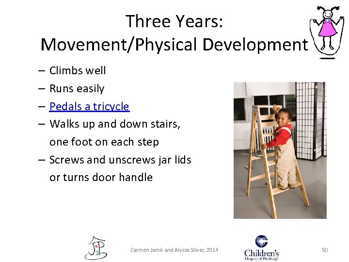 Three Years: Movement/Physical Development – Climbs well – Runs easily – Pedals a tricycle Three Years: Movement/Physical Development – Climbs well – Runs easily – Pedals a tricycle