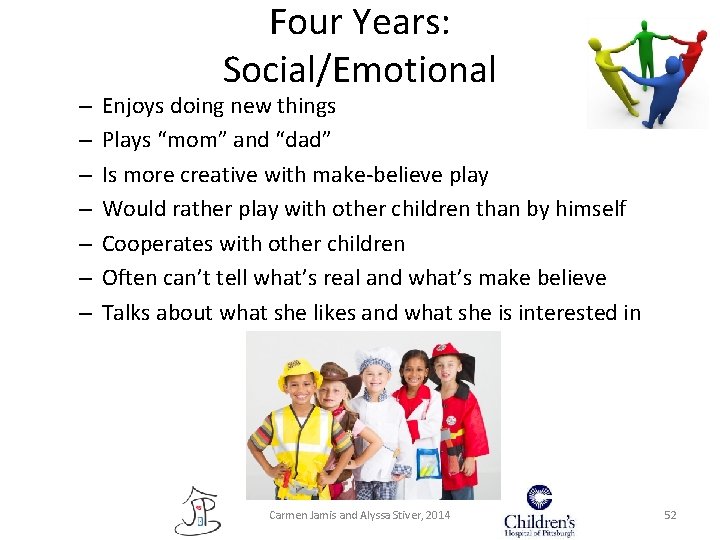 – – – – Four Years: Social/Emotional Enjoys doing new things Plays “mom” and – – – – Four Years: Social/Emotional Enjoys doing new things Plays “mom” and
