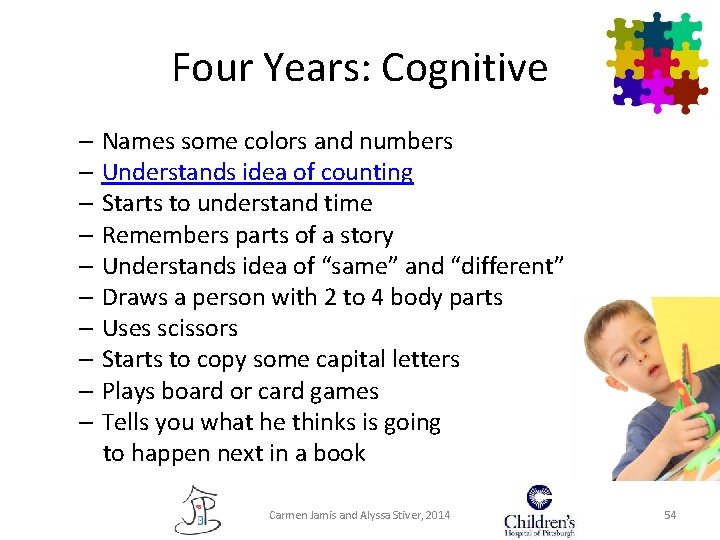 Four Years: Cognitive – Names some colors and numbers – Understands idea of counting Four Years: Cognitive – Names some colors and numbers – Understands idea of counting