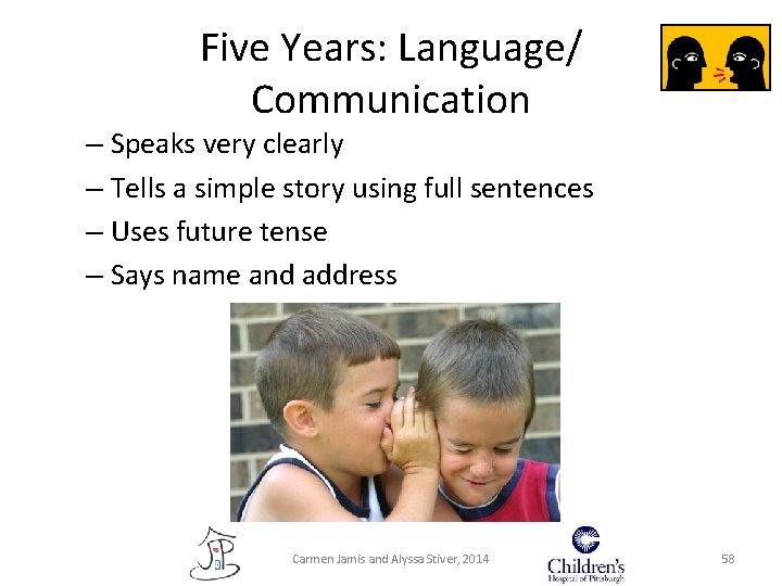 Five Years: Language/ Communication – Speaks very clearly – Tells a simple story using Five Years: Language/ Communication – Speaks very clearly – Tells a simple story using
