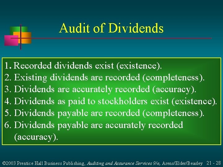 Audit of Dividends 1. Recorded dividends exist (existence). 2. Existing dividends are recorded (completeness). Audit of Dividends 1. Recorded dividends exist (existence). 2. Existing dividends are recorded (completeness).