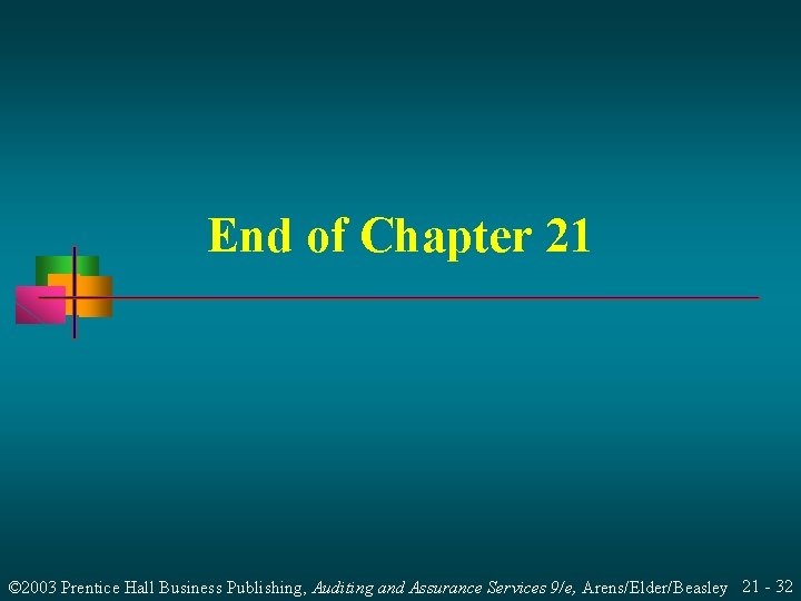 End of Chapter 21 © 2003 Prentice Hall Business Publishing, Auditing and Assurance Services End of Chapter 21 © 2003 Prentice Hall Business Publishing, Auditing and Assurance Services