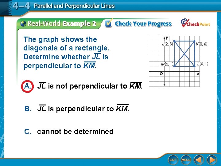 The graph shows the diagonals of a rectangle. Determine whether JL is perpendicular to