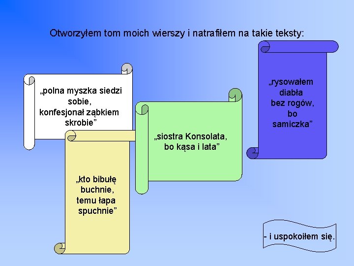 Otworzyłem tom moich wierszy i natrafiłem na takie teksty: „rysowałem diabła bez rogów, bo