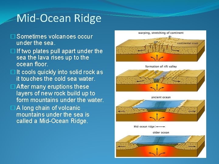 Mid-Ocean Ridge � Sometimes volcanoes occur under the sea. � If two plates pull