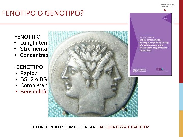 FENOTIPO O GENOTIPO? FENOTIPO • Lunghi tempi di crescita • Strumentazione, training, BSL 3 FENOTIPO O GENOTIPO? FENOTIPO • Lunghi tempi di crescita • Strumentazione, training, BSL 3