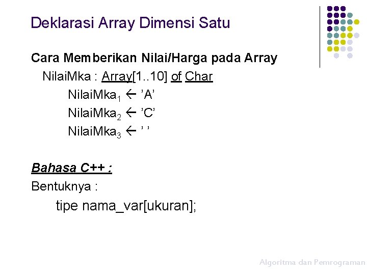 Deklarasi Array Dimensi Satu Cara Memberikan Nilai/Harga pada Array Nilai. Mka : Array[1. .