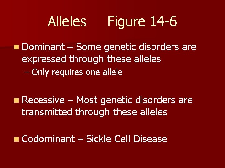 Alleles Figure 14 -6 n Dominant – Some genetic disorders are expressed through these