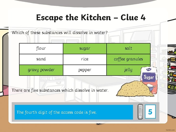 Escape the Kitchen – Clue 4 Which of these substances will dissolve in water?