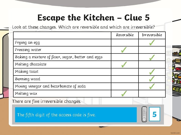 Escape the Kitchen – Clue 5 Look at these changes. Which are reversible and