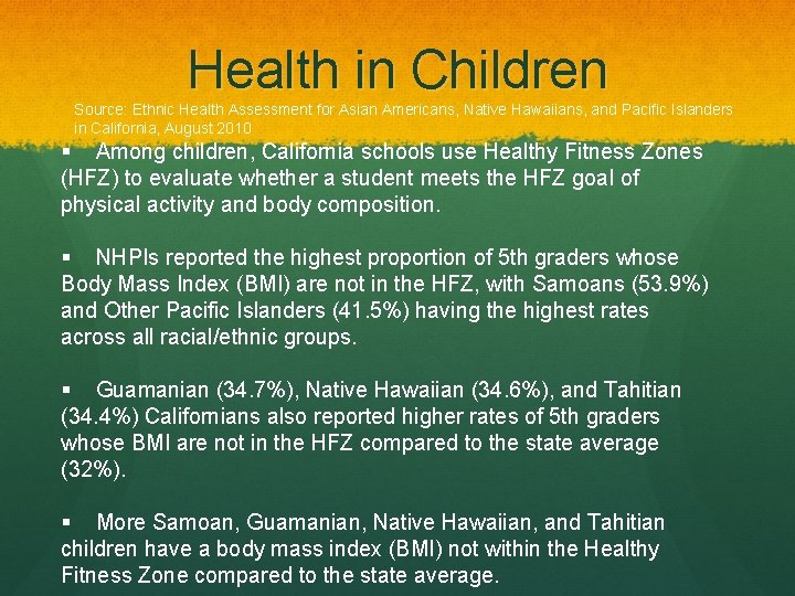 Health in Children Source: Ethnic Health Assessment for Asian Americans, Native Hawaiians, and Pacific