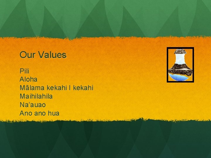 Our Values Pili Aloha Mālama kekahi I kekahi Maihila Na’auao Ano ano hua 