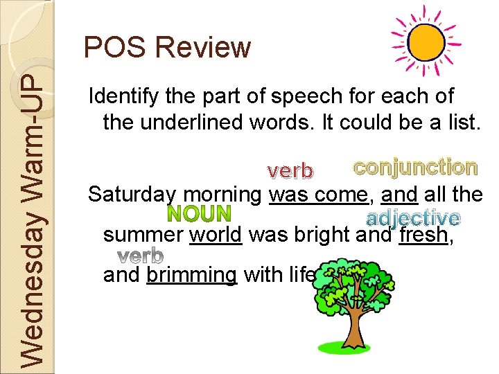 Wednesday Warm-UP POS Review Identify the part of speech for each of the underlined