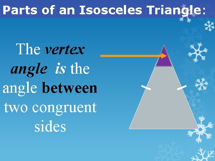 Parts of an Isosceles Triangle: The vertex angle is the angle between two congruent