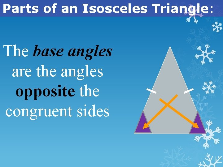 Parts of an Isosceles Triangle: The base angles are the angles opposite the congruent