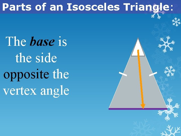 Parts of an Isosceles Triangle: The base is the side opposite the vertex angle