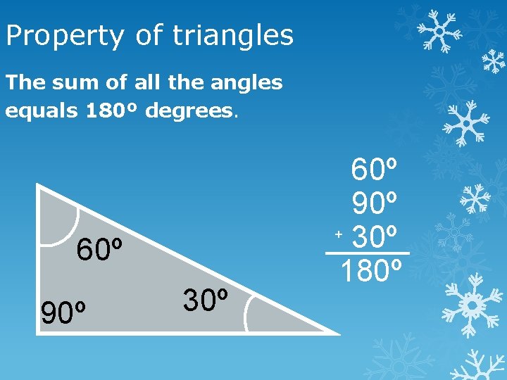 Property of triangles The sum of all the angles equals 180º degrees. 60º 90º
