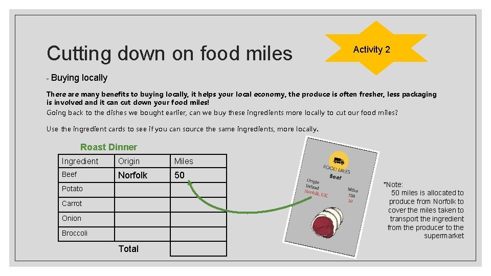 Cutting down on food miles - Buying Activity 2 locally There are many benefits