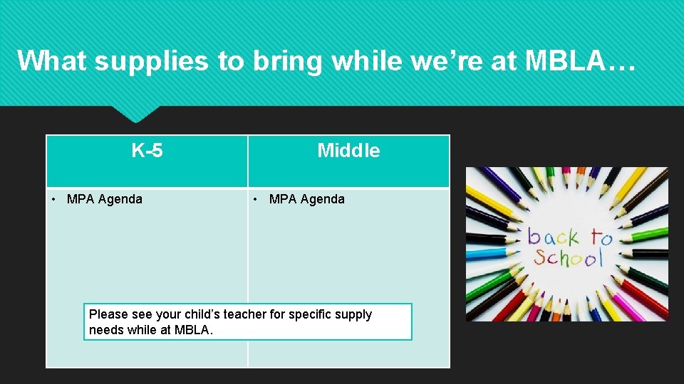 What supplies to bring while we’re at MBLA… K-5 • MPA Agenda Middle •