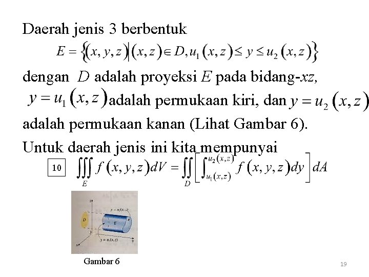 Daerah jenis 3 berbentuk dengan D adalah proyeksi E pada bidang-xz, adalah permukaan kiri,