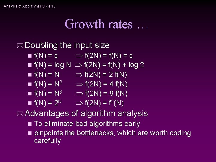 Analysis of Algorithms / Slide 15 Growth rates … * Doubling the input size