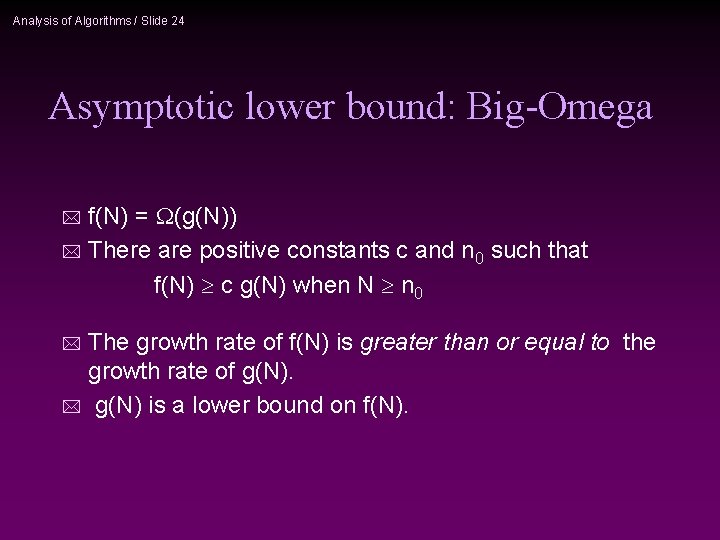 Analysis of Algorithms / Slide 24 Asymptotic lower bound: Big-Omega f(N) = (g(N)) *