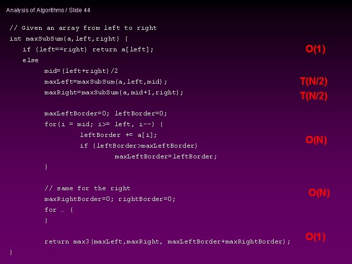 Analysis of Algorithms / Slide 44 // Given an array from left to right