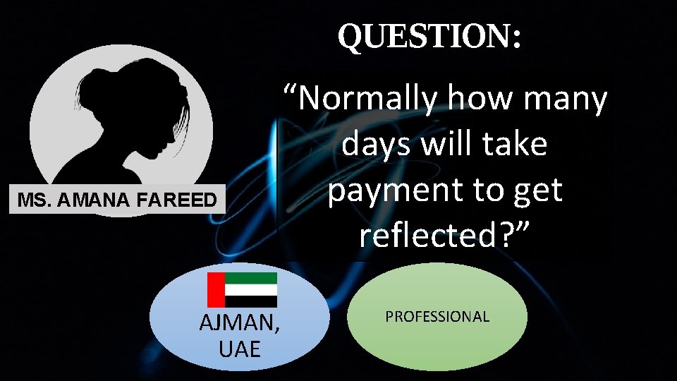 QUESTION: MS. AMANA FAREED “Normally how many days will take payment to get reflected? QUESTION: MS. AMANA FAREED “Normally how many days will take payment to get reflected?