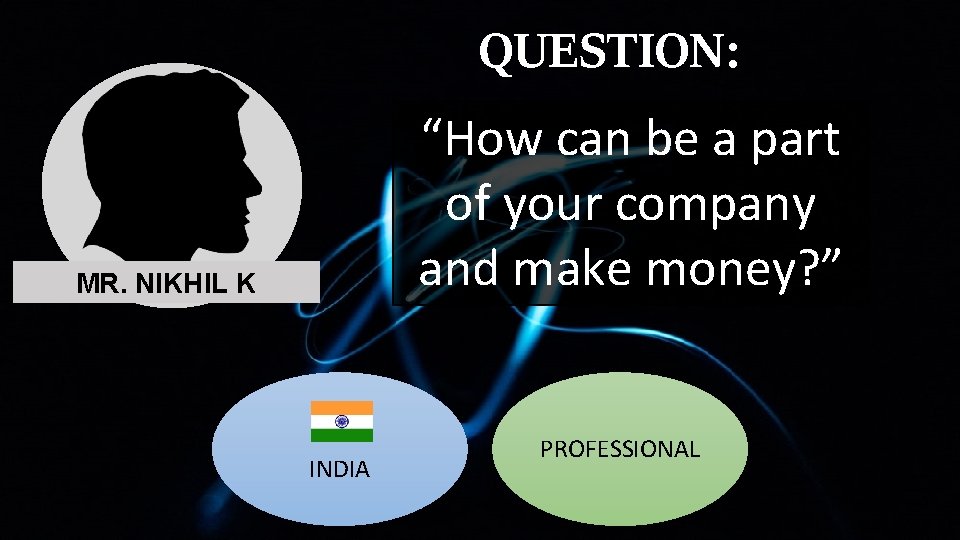 QUESTION: “How can be a part of your company and make money? ” MR. QUESTION: “How can be a part of your company and make money? ” MR.