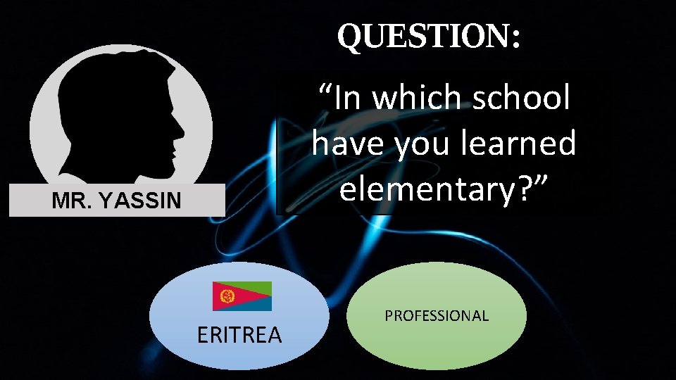 QUESTION: “In which school have you learned elementary? ” MR. YASSIN ERITREA PROFESSIONAL QUESTION: “In which school have you learned elementary? ” MR. YASSIN ERITREA PROFESSIONAL