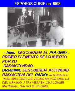 ESPOSOS CURIE en 1898 - Julio: DESCUBREN EL POLONIO , PRIMER ELEMENTO DESCUBIERTO POR