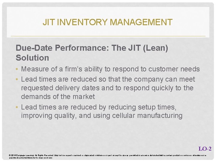 JIT INVENTORY MANAGEMENT Due-Date Performance: The JIT (Lean) Solution • Measure of a firm’s JIT INVENTORY MANAGEMENT Due-Date Performance: The JIT (Lean) Solution • Measure of a firm’s