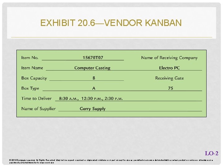 EXHIBIT 20. 6—VENDOR KANBAN LO-2 © 2014 Cengage Learning. All Rights Reserved. May not EXHIBIT 20. 6—VENDOR KANBAN LO-2 © 2014 Cengage Learning. All Rights Reserved. May not