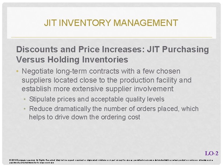 JIT INVENTORY MANAGEMENT Discounts and Price Increases: JIT Purchasing Versus Holding Inventories • Negotiate JIT INVENTORY MANAGEMENT Discounts and Price Increases: JIT Purchasing Versus Holding Inventories • Negotiate