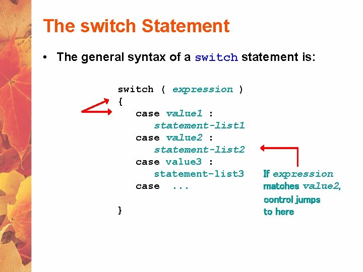 The switch Statement • The general syntax of a switch statement is: switch (