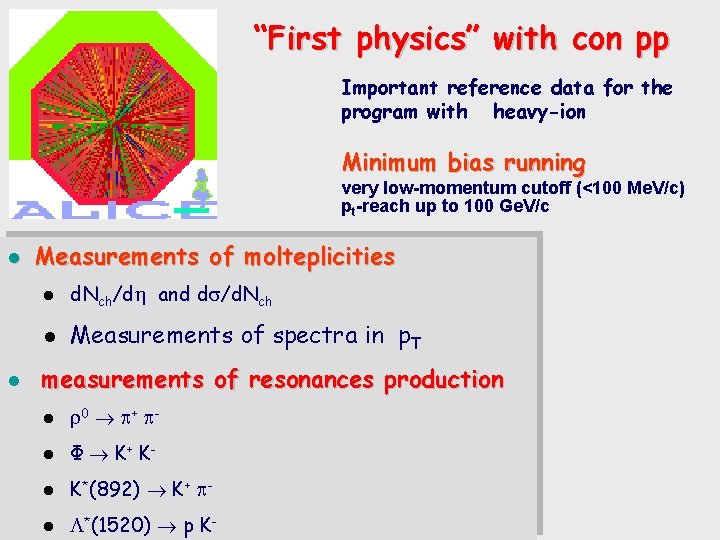 “First physics” with con pp Important reference data for the program with heavy-ion Minimum