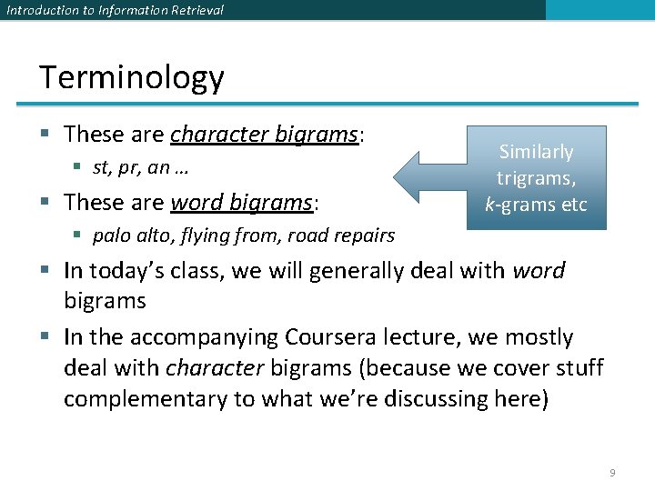 Introduction to Information Retrieval Terminology § These are character bigrams: § st, pr, an