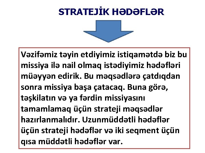 STRATEJİK HƏDƏFLƏR Vəzifəmiz təyin etdiyimiz istiqamətdə biz bu missiya ilə nail olmaq istədiyimiz hədəfləri