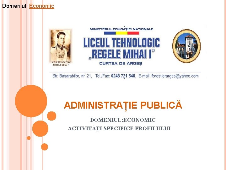 Domeniul: Economic ADMINISTRAȚIE PUBLICĂ DOMENIUL: ECONOMIC ACTIVITĂȚI SPECIFICE PROFILULUI 