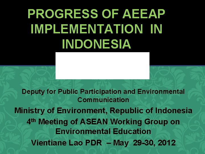 PROGRESS OF AEEAP IMPLEMENTATION IN INDONESIA Deputy for Public Participation and Environmental Communication Ministry