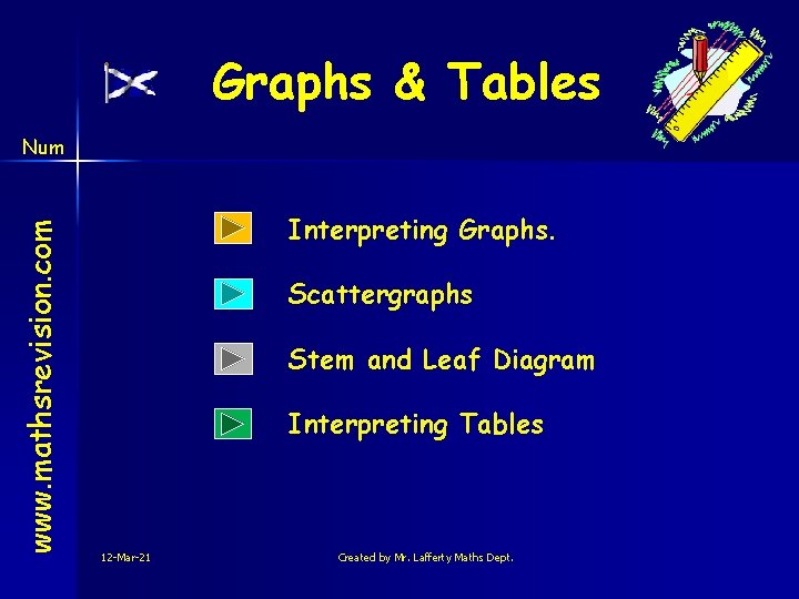 Graphs & Tables www. mathsrevision. com Num Interpreting Graphs. Scattergraphs Stem and Leaf Diagram