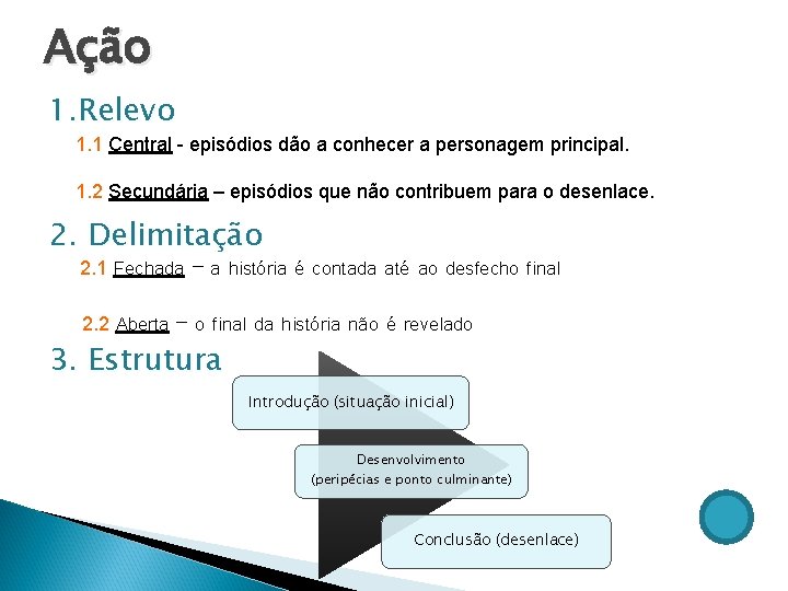 Ação 1. Relevo 1. 1 Central - episódios dão a conhecer a personagem principal.