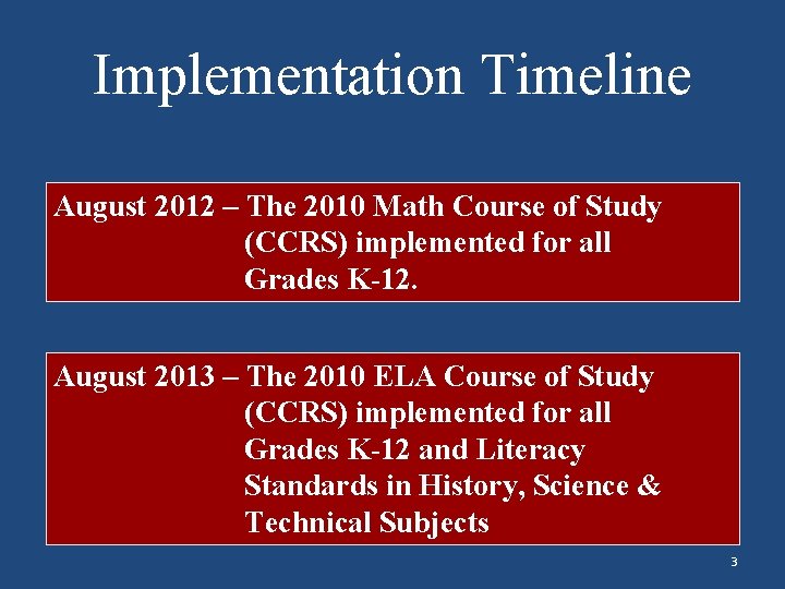 Implementation Timeline August 2012 – The 2010 Math Course of Study (CCRS) implemented for