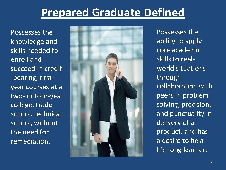 Prepared Graduate Defined Possesses the knowledge and skills needed to enroll and succeed in