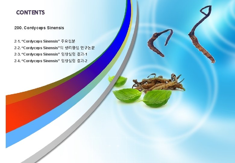 CONTENTS 200. Cordyceps Sinensis 2 -1. “Cordyceps Sinensis” 주요성분 2 -2. “Cordyceps Sinensis”의 생리활성